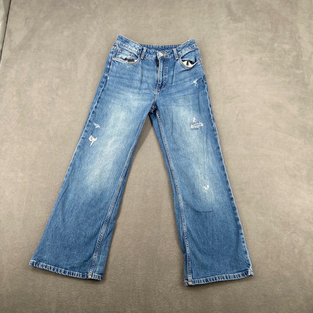 Y2K HM Baggy Bootcut Leg Jeans sz 12 Blue Medium Wash Distressed High Rise 4642